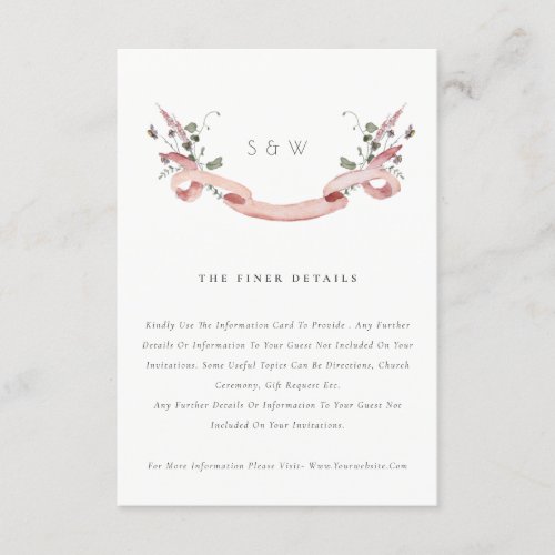 Pink Wildflower Watercolor Ribbon Wedding Details Enclosure Card