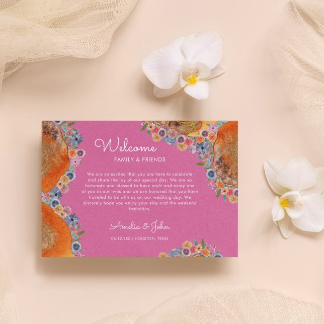 Pink Wildflower Wedding Welcome Gift Bag Basket Place Card (Front)