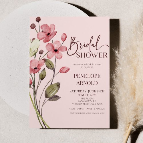 Pink Wildflower Wild Flower Floral Bridal Shower Invitation