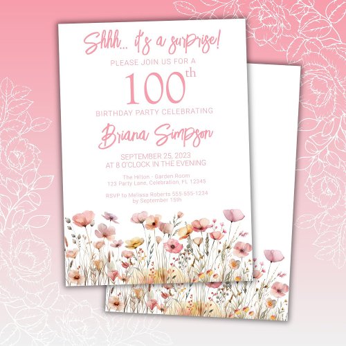 Pink Wildflowers 100th Surprise Birthday Party Invitation