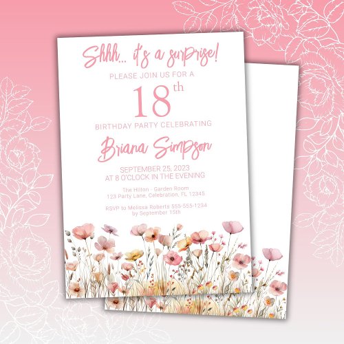 Pink Wildflowers 18th Surprise Birthday Party Invitation