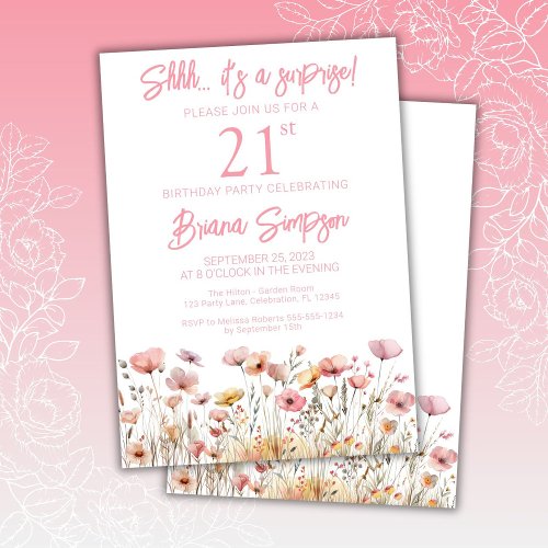 Pink Wildflowers 21st Surprise Birthday Party Invitation