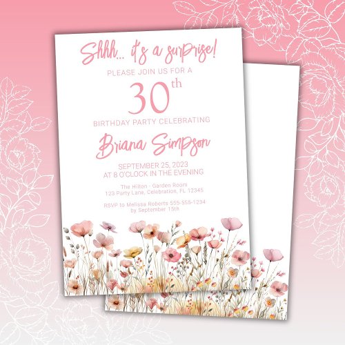 Pink Wildflowers 30th Surprise Birthday Party Invitation