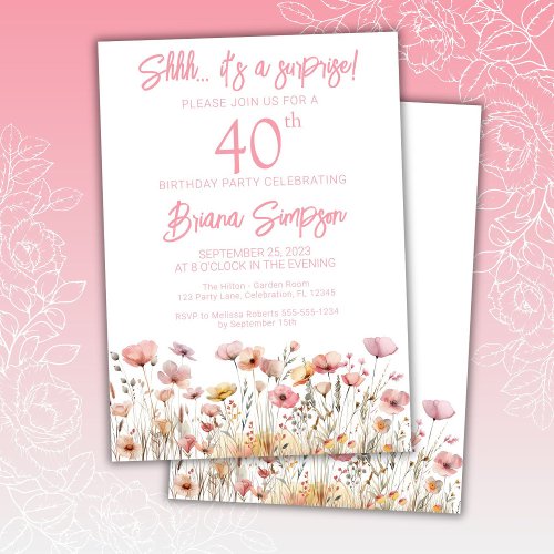 Pink Wildflowers 40th Surprise Birthday Party Invitation