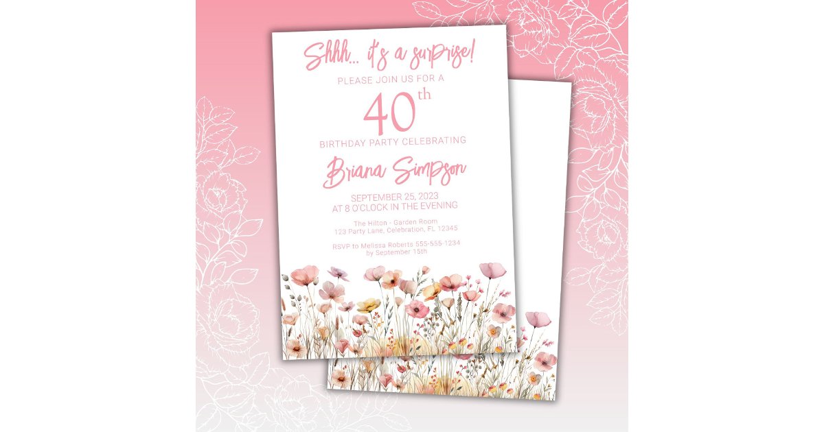 Pink Wildflowers 40th Surprise Birthday Party Invitation | Zazzle