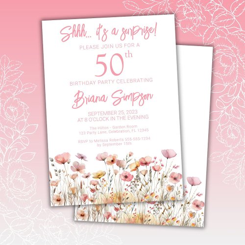 Pink Wildflowers 50th Surprise Birthday Party Invitation