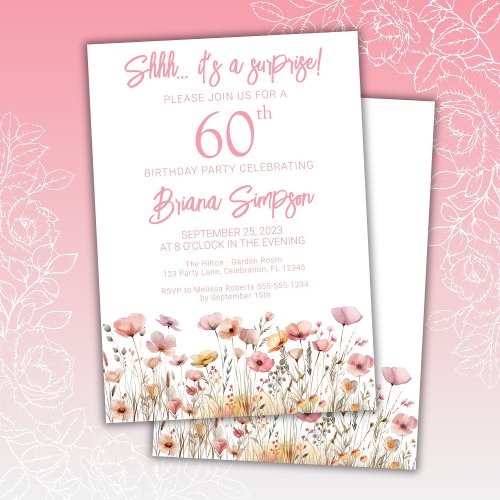 Pink Wildflowers 60th Surprise Birthday Party Invitation