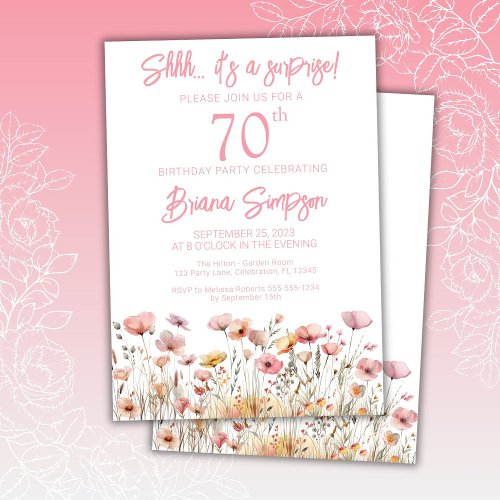 Pink Wildflowers 70th Surprise Birthday Party Invitation