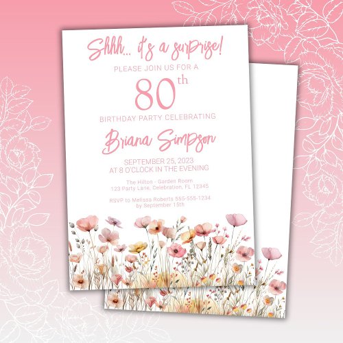 Pink Wildflowers 80th Surprise Birthday Party Invitation