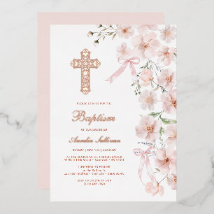 Pink Wildflowers and Bows Arch Baptism Foil Invitation