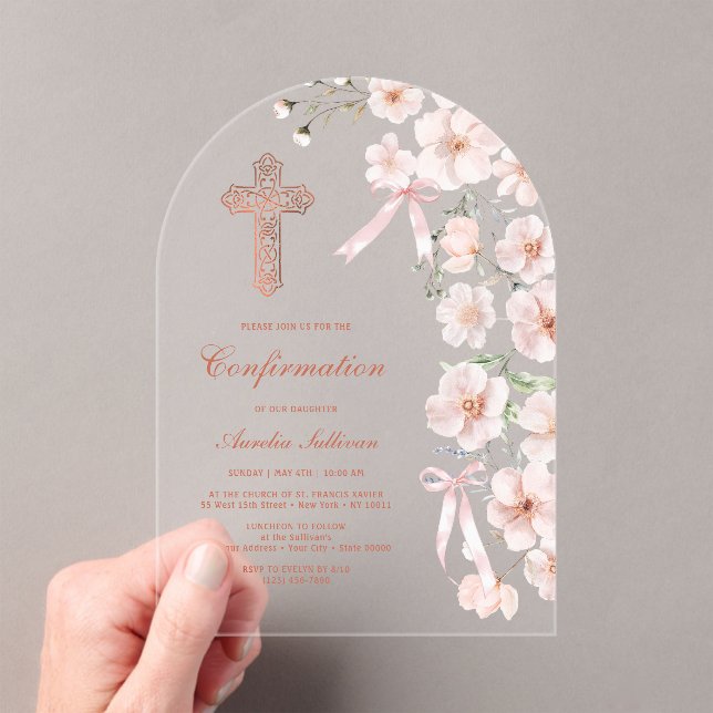 Pink Wildflowers and Bows Arch Confirmation Acrylic Invitations (Insitu (Handheld))