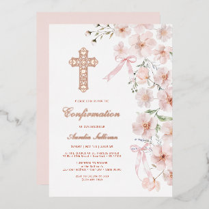 Pink Wildflowers and Bows Arch Confirmation Foil Invitation
