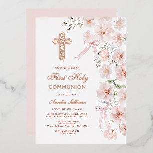 Pink Wildflowers and Bows Arch First Communion Foil Invitation