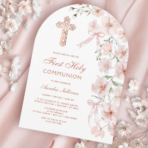 Pink Wildflowers and Bows Arch First Communion Invitation