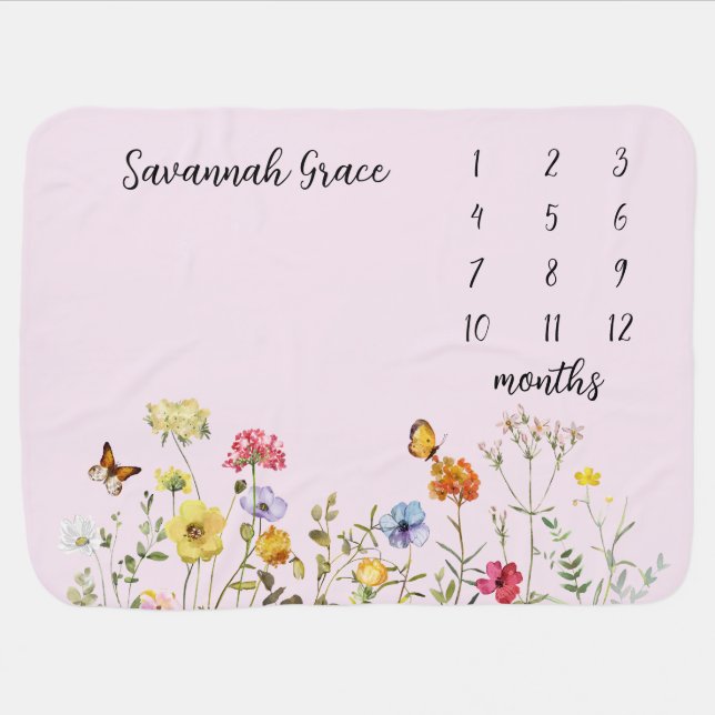 Pink Wildflowers and Butterflies Milestone Baby Blanket (Horizontal)