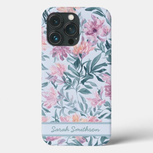 Pink Wildflowers Baby Blue Pastel Flowers Pattern iPhone 13 Pro Case