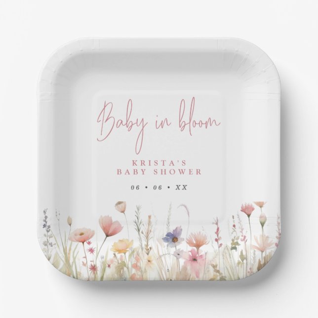 Pink Wildflowers Baby In Bloom Baby Shower Paper Plates (Front)