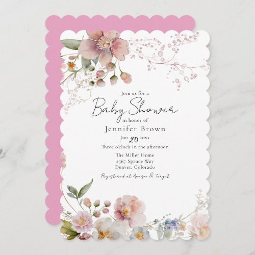 Pink Wildflowers Baby Shower Invitation