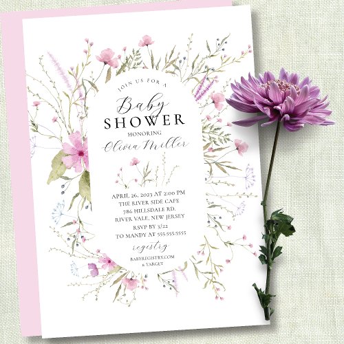 Pink Wildflowers Baby Shower Invitation
