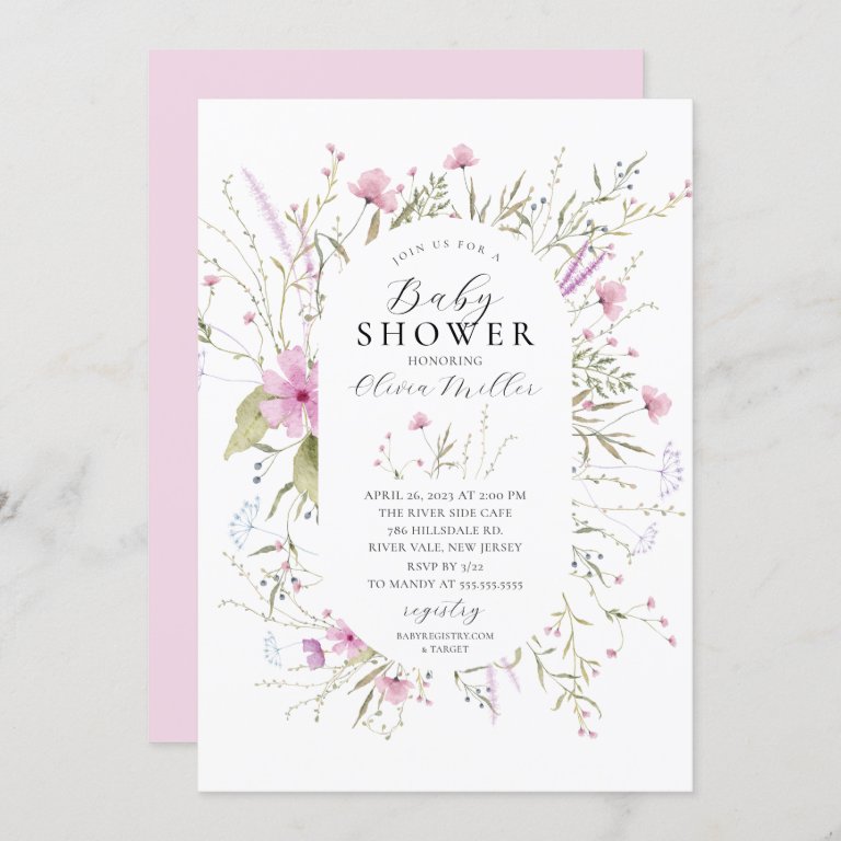 Pink Wildflowers Baby Shower Invitation