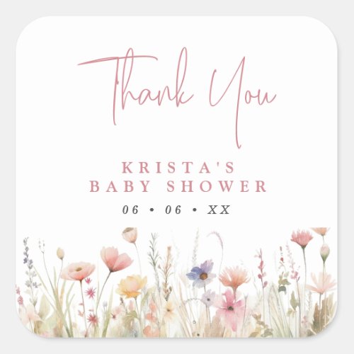 Pink Wildflowers Baby Shower Thank You Favor Square Sticker