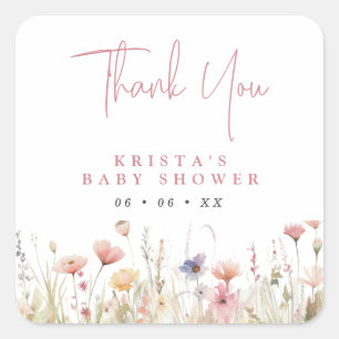 Pink Wildflowers Baby Shower Thank You Favor Square Sticker