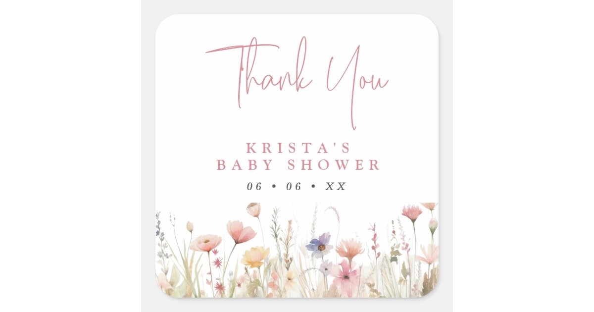 Pink Wildflowers Baby Shower Thank You Favor Square Sticker | Zazzle