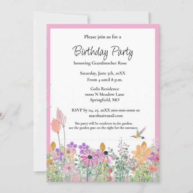 Pink Wildflowers Birthday Party Invitation (Front)