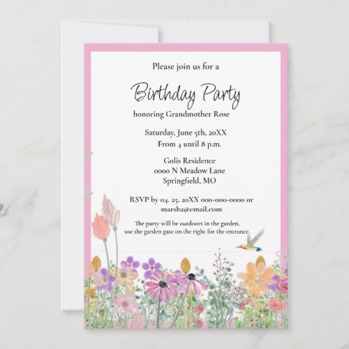 Pink Wildflowers Birthday Party Invitation