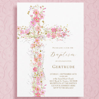 pink wildflowers cross Baptism Invitation