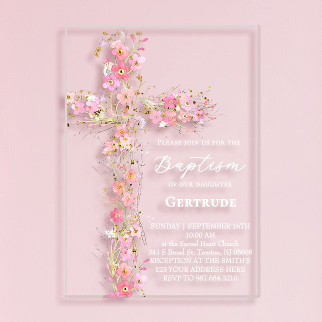 pink wildflowers cross Baptism Invitation (Creator Uploaded)