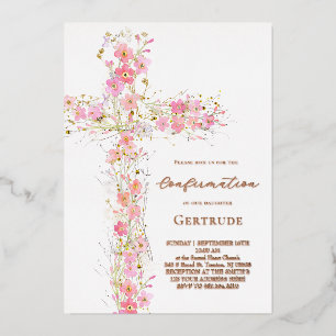 pink wildflowers cross Confirmation Foil Invitation