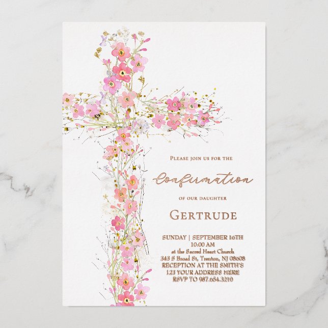 pink wildflowers cross Confirmation Foil Invitation (Front)