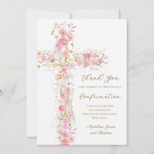 pink wildflowers cross Confirmation thank you card