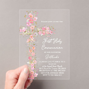 pink wildflowers cross First Holy Communion Acrylic Invitations