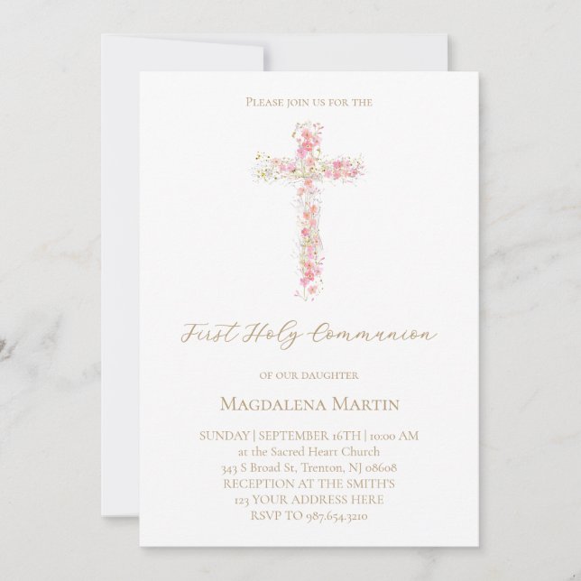 pink wildflowers cross | First Holy Communion Invitation (Front)