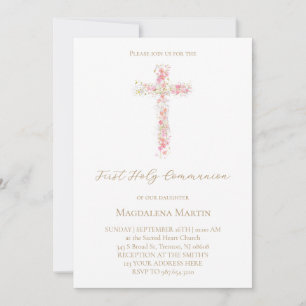 pink wildflowers cross First Holy Communion Invitation