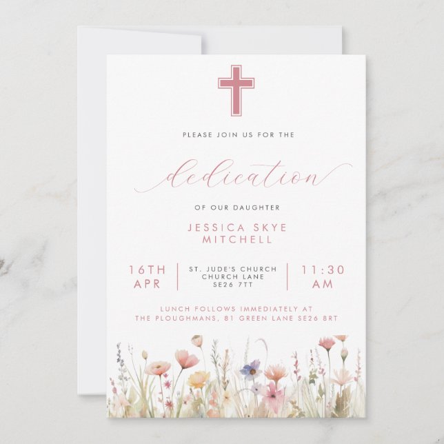 Pink Wildflowers Cross & Script Baby Dedication In Invitation (Front)