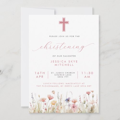 Pink Wildflowers Cross  Script Christening Invitation