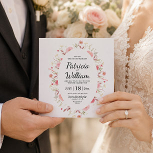 Pink Wildflowers Elegant Save the Date Wedding Thank You Card