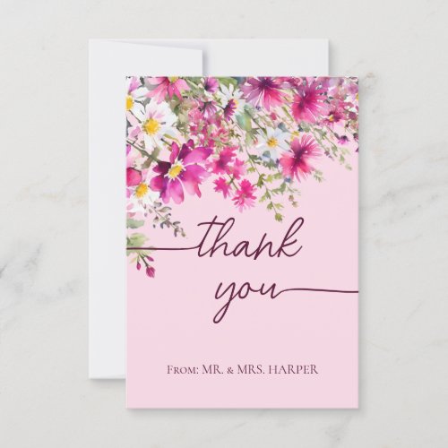 Pink Wildflowers Floral Calligraphy Thank You Card