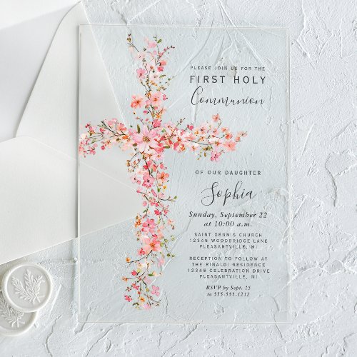 Pink Wildflowers Floral Cross First Communion Acrylic Invitations