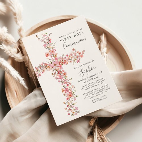 Pink Wildflowers Floral Cross First Communion Invitation