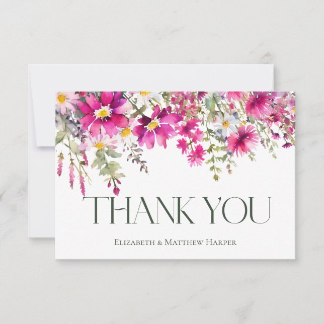 Pink Wildflowers Floral Wedding Thank You Card (Front)