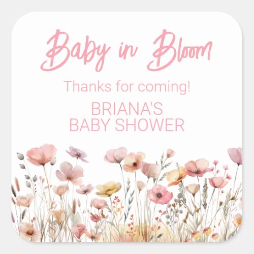 Pink Wildflowers Girl Baby Shower Favor Square Sticker