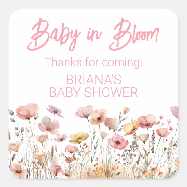 Pink Wildflowers Girl Baby Shower Favor Square Sticker (Front)