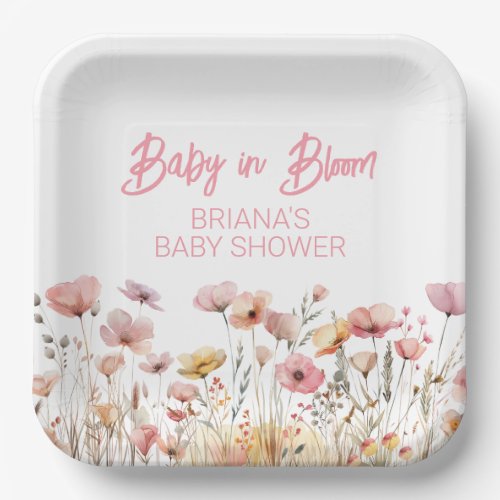 Pink Wildflowers Girl Baby Shower Paper Plates