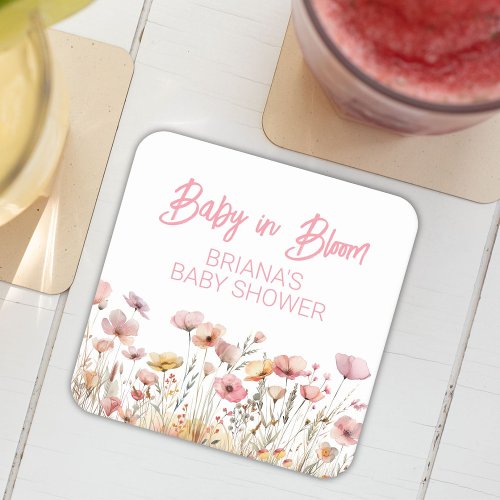 Pink Wildflowers Girl Baby Shower Square Paper Coaster