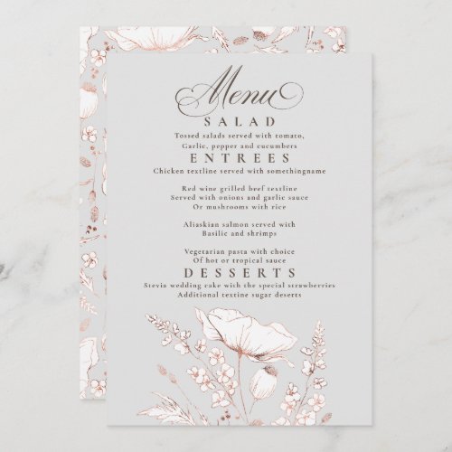 Pink Wildflowers Grey and White Wedding Menu Invitation