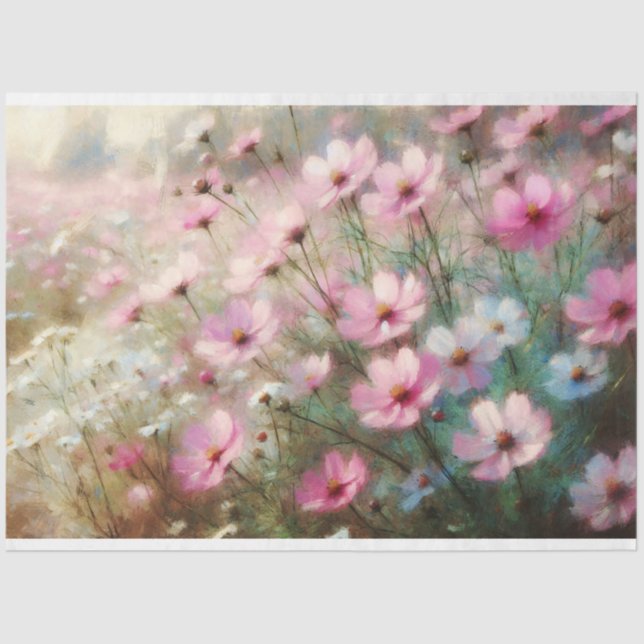 Pink Wildflowers Impressionist Painting Decoupage Tissue Paper (Front)